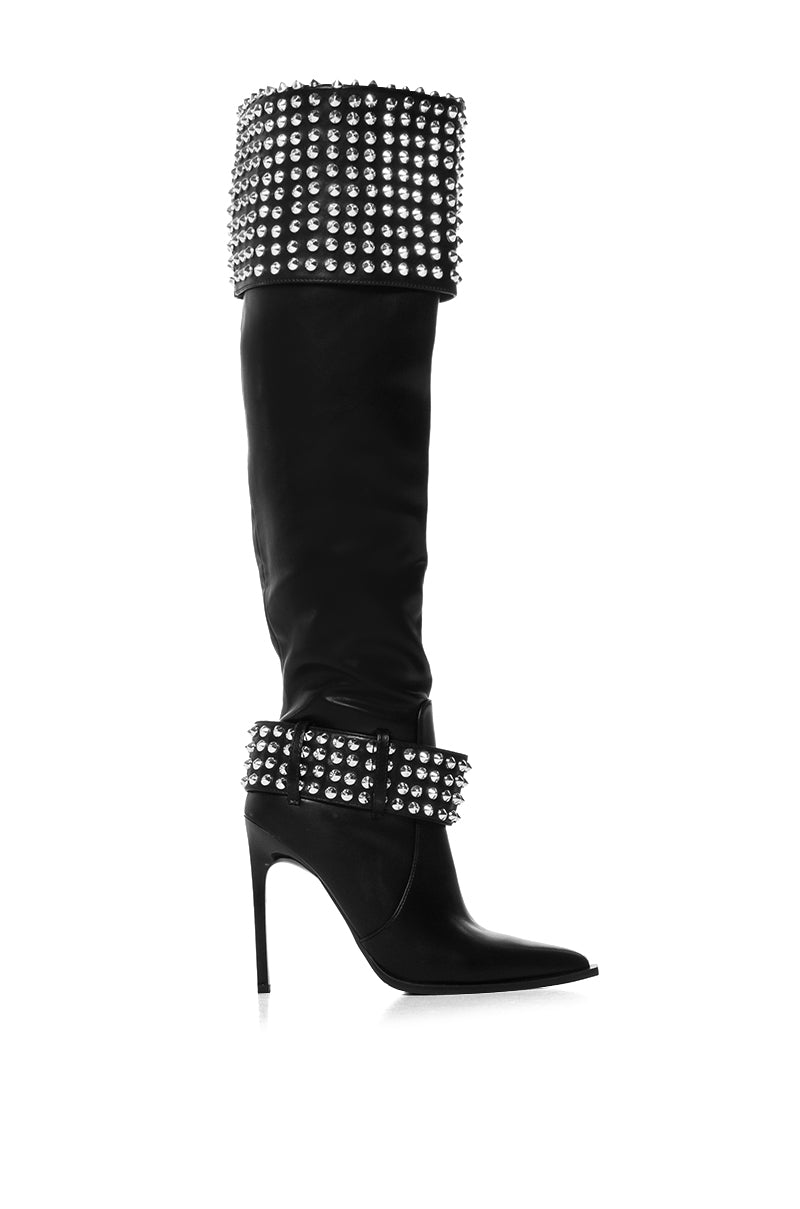 Side View Azalea Wang Marlena Silver Studded Black Boot