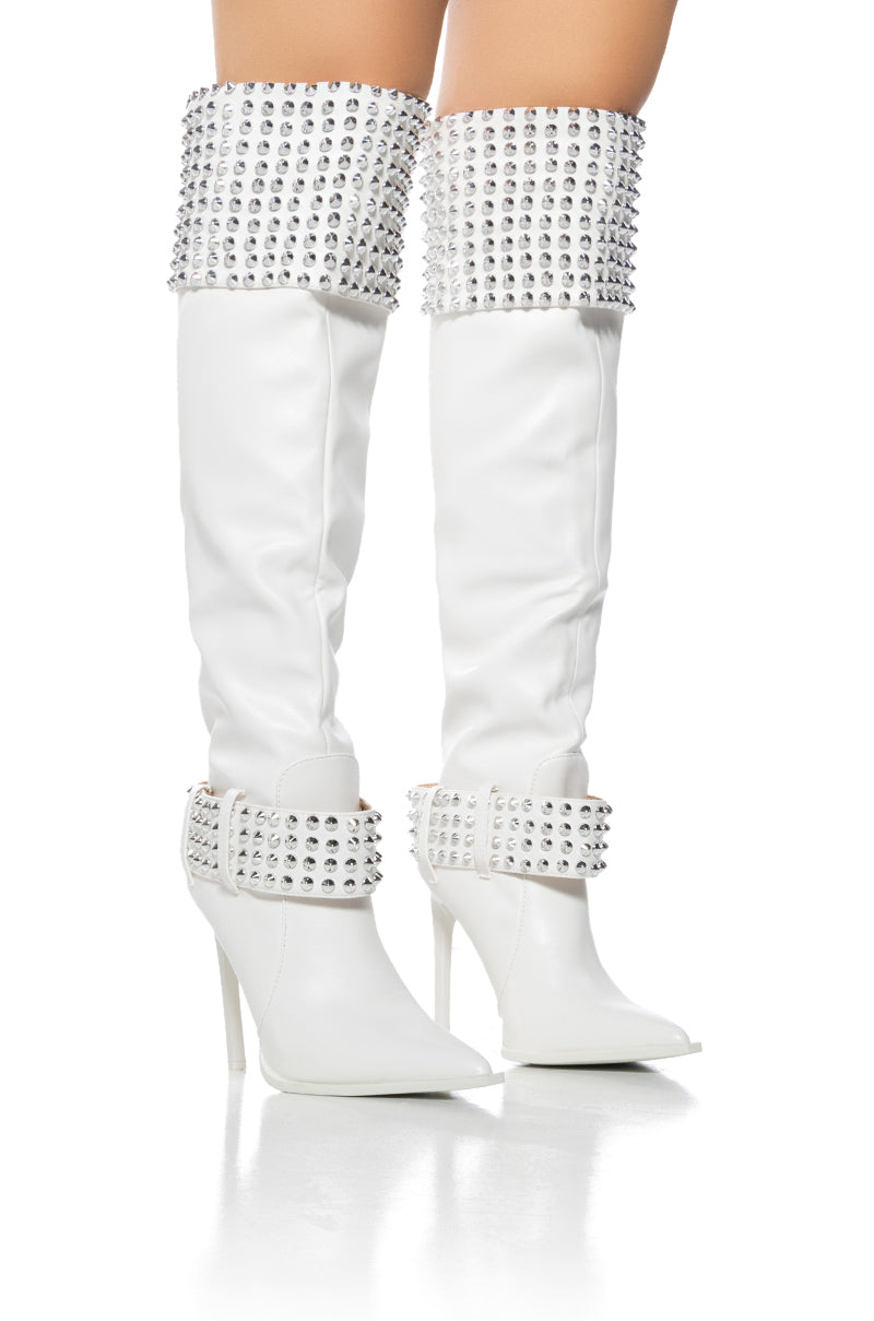 Front View Azalea Wang Marlena Silver Studded Cream Boot