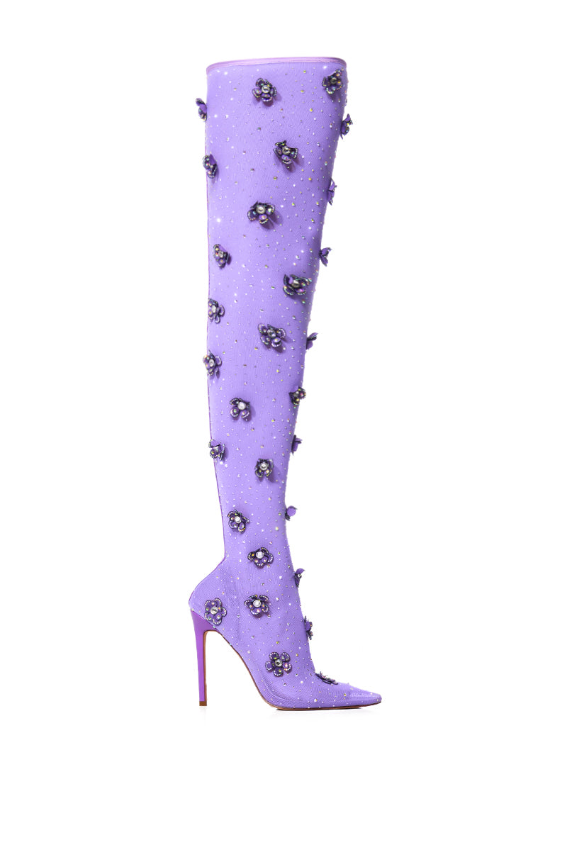 Side View Azalea Wang Marlowe Purple Embellished Flower Boot