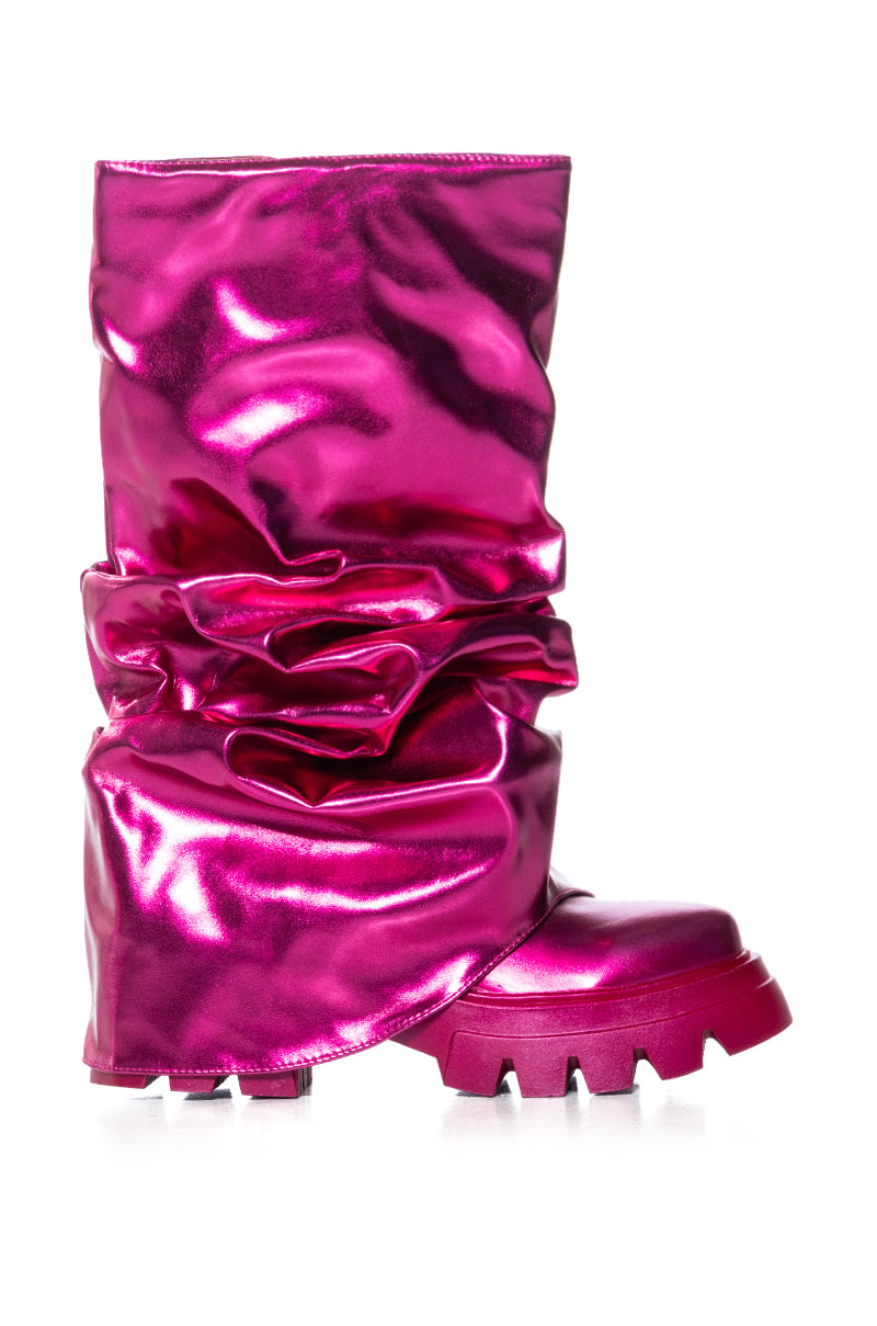 Side View Azalea Wang Mate Metallic Mid Calf Boot In Fuchsia 1