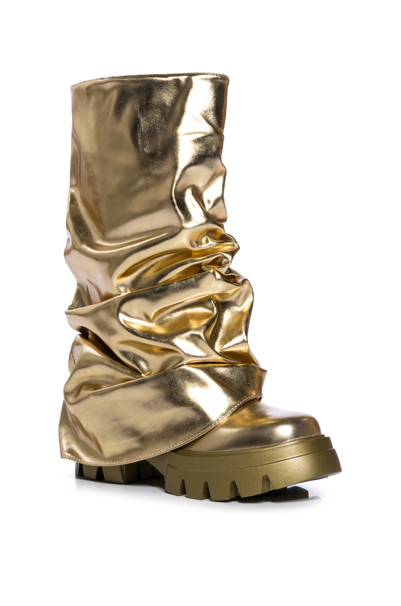 Back View Azalea Wang Mate Metallic Mid Calf Boot In Gold