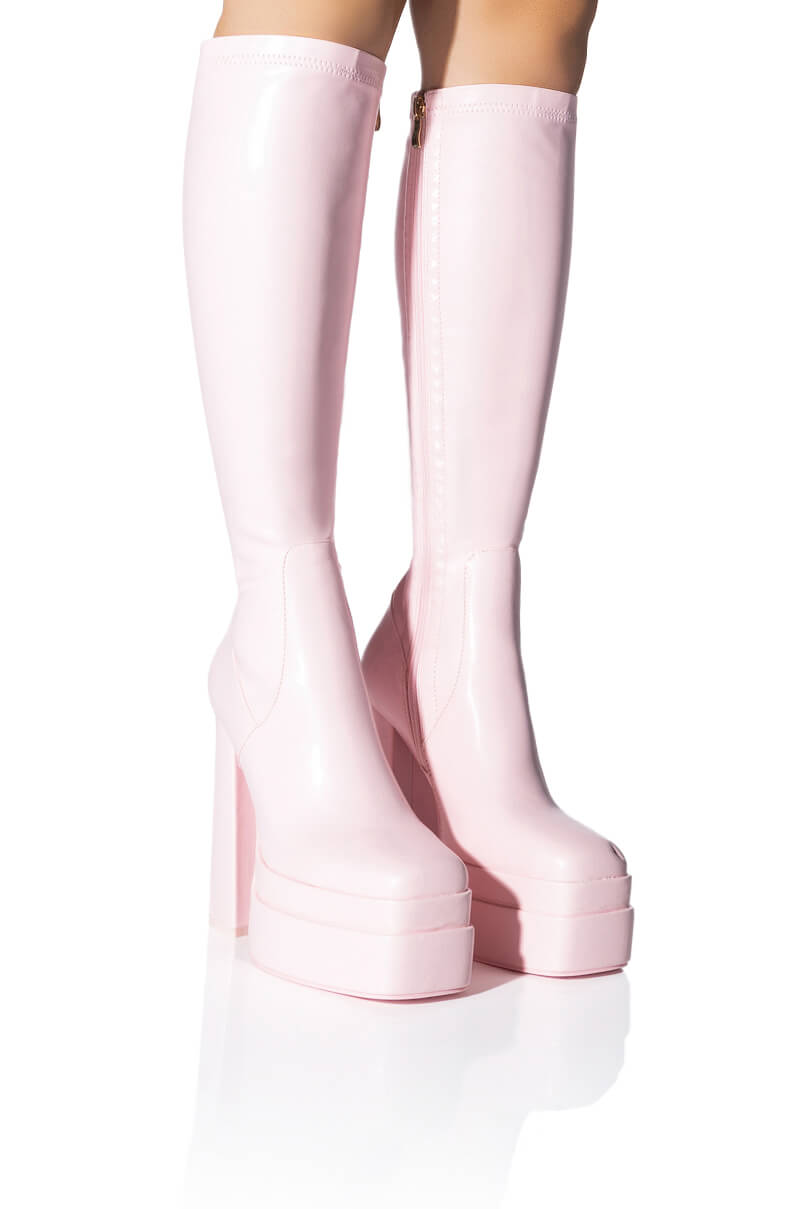 Front View Azalea Wang Maxine Chunky Platform Boot With 4 Way Stretch In Pink