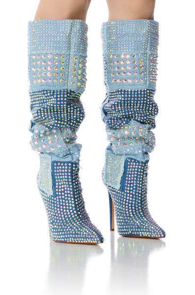 AZALEA WANG MAYABELLE DENIM AND DIAMONDS PATCHWORK BOOT – AKIRA