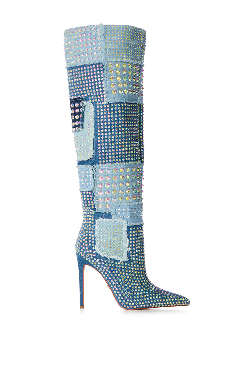 Side View Azalea Wang Mayabelle Denim And Diamonds Patchwork Boot