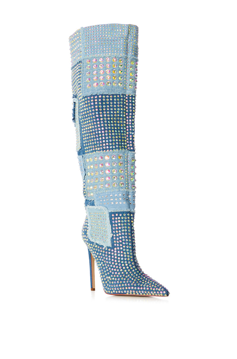 Back View Azalea Wang Mayabelle Denim And Diamonds Patchwork Boot