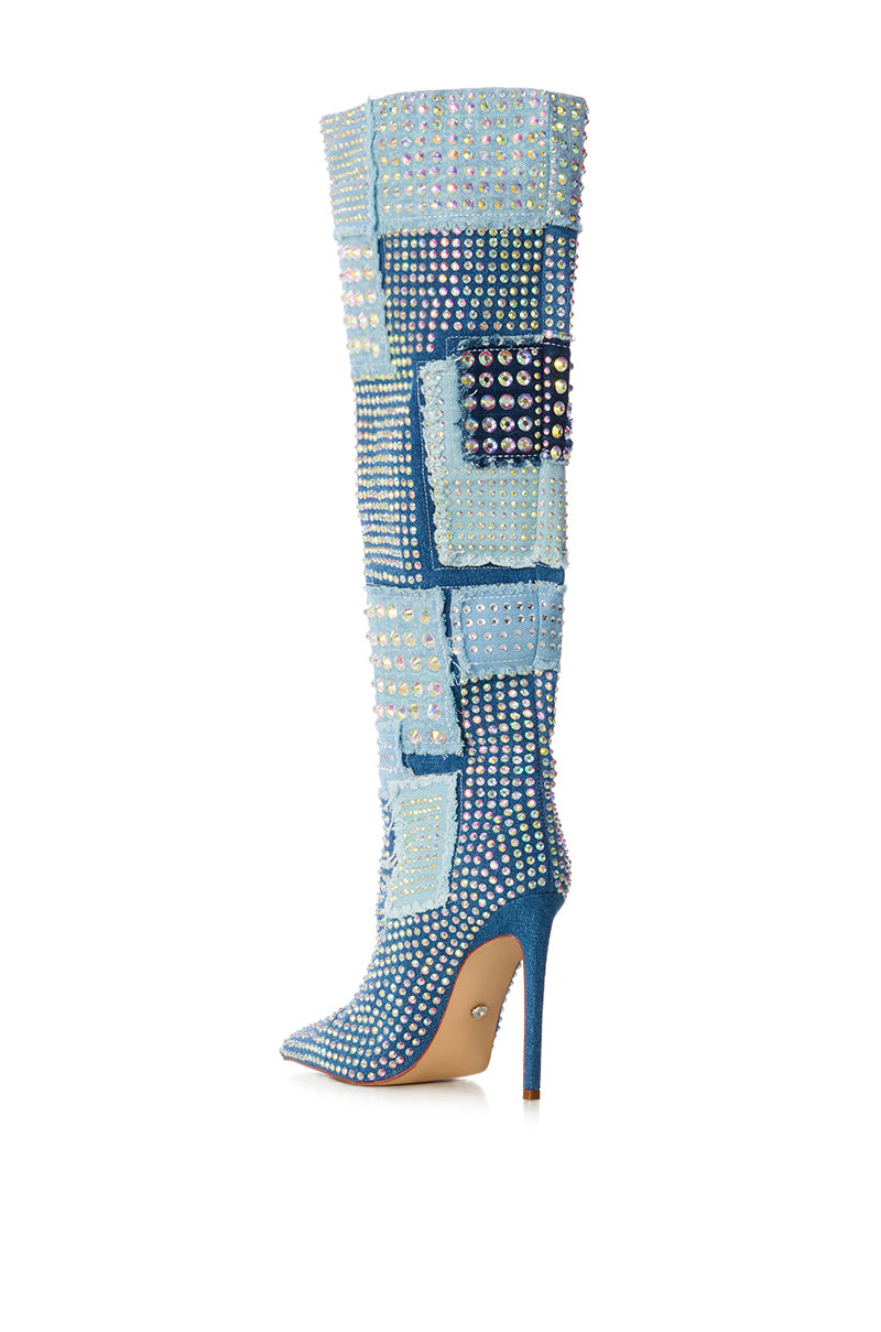 Detail View Azalea Wang Mayabelle Denim And Diamonds Patchwork Boot