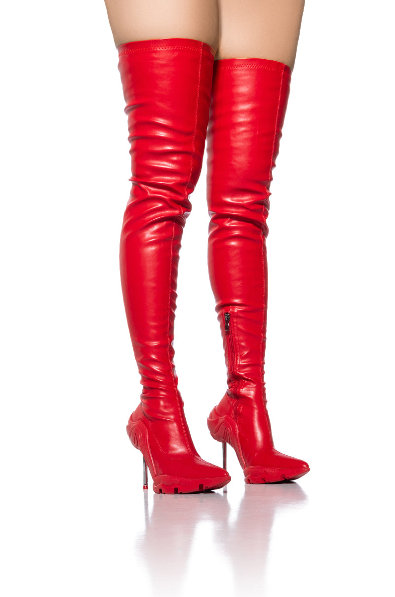 Front View Azalea Wang Mcartney Thigh High Stiletto Boot In Red