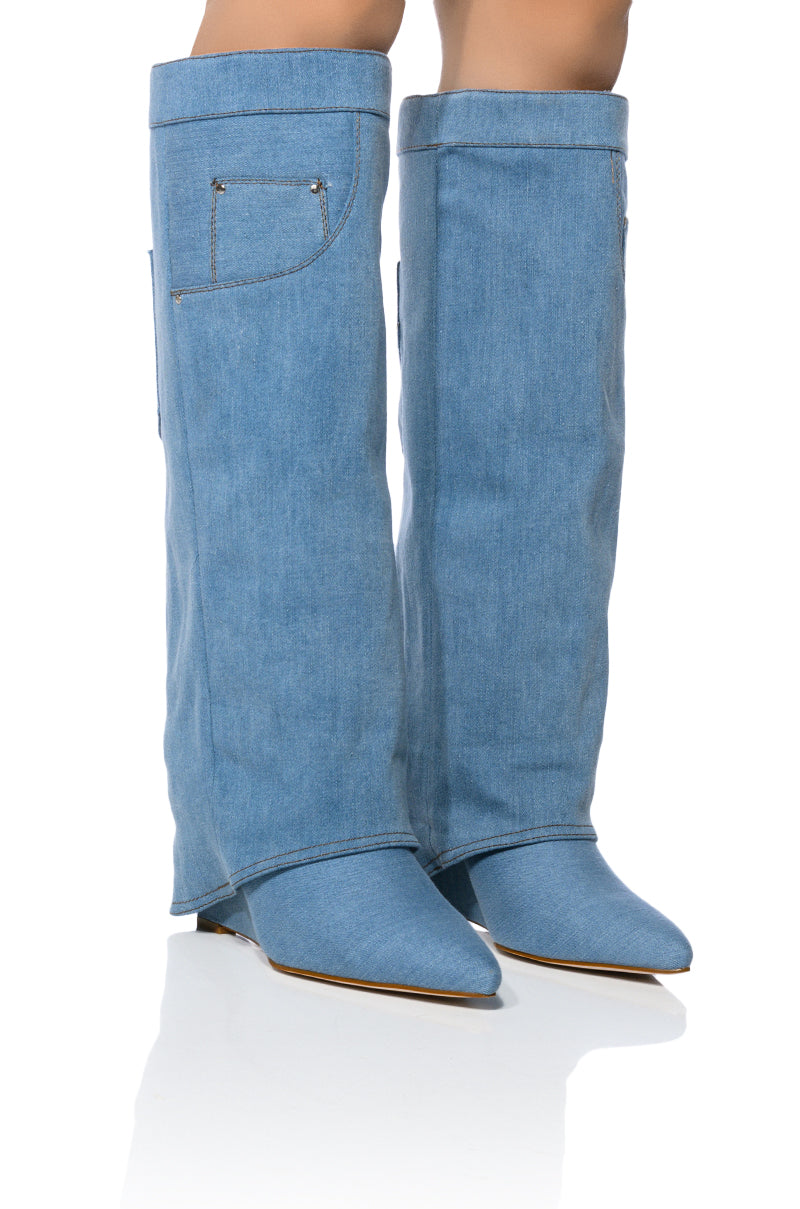 Front View Azalea Wang Melina Wedge Boot In Denim