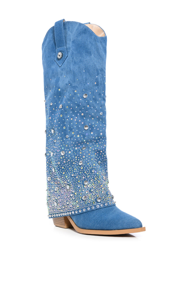 Back View Azalea Wang Mellow Western Denim Boot