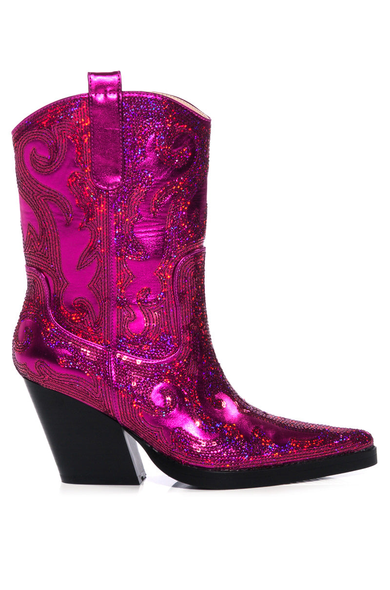 Side View Azalea Wang Merril Sequin Western Bootie In Fuchsia