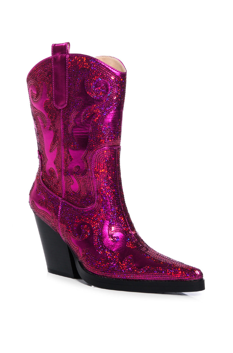 Back View Azalea Wang Merril Sequin Western Bootie In Fuchsia