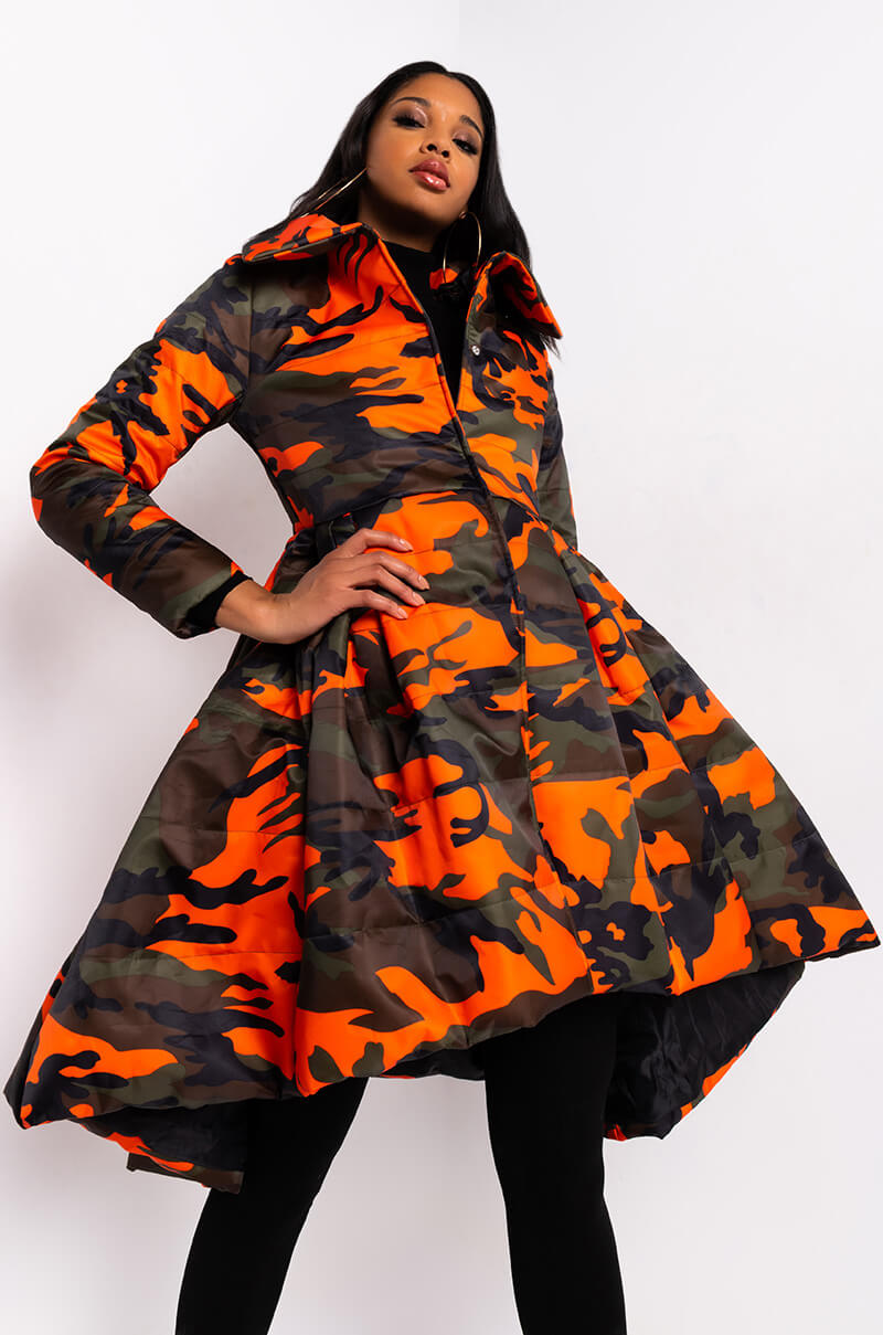 Front View Azalea Wang Midtown Peplum Puffer Trench in Orange Camo