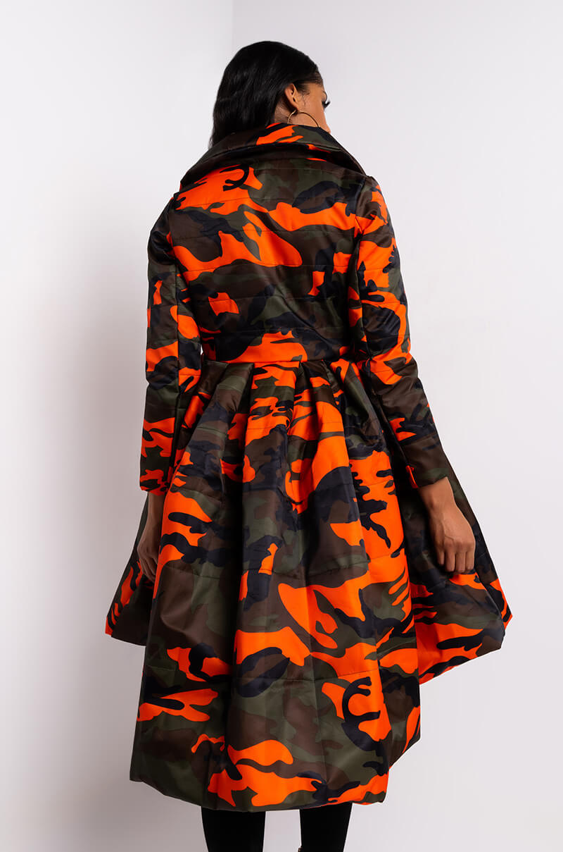 Detail View Azalea Wang Midtown Peplum Puffer Trench in Orange Camo