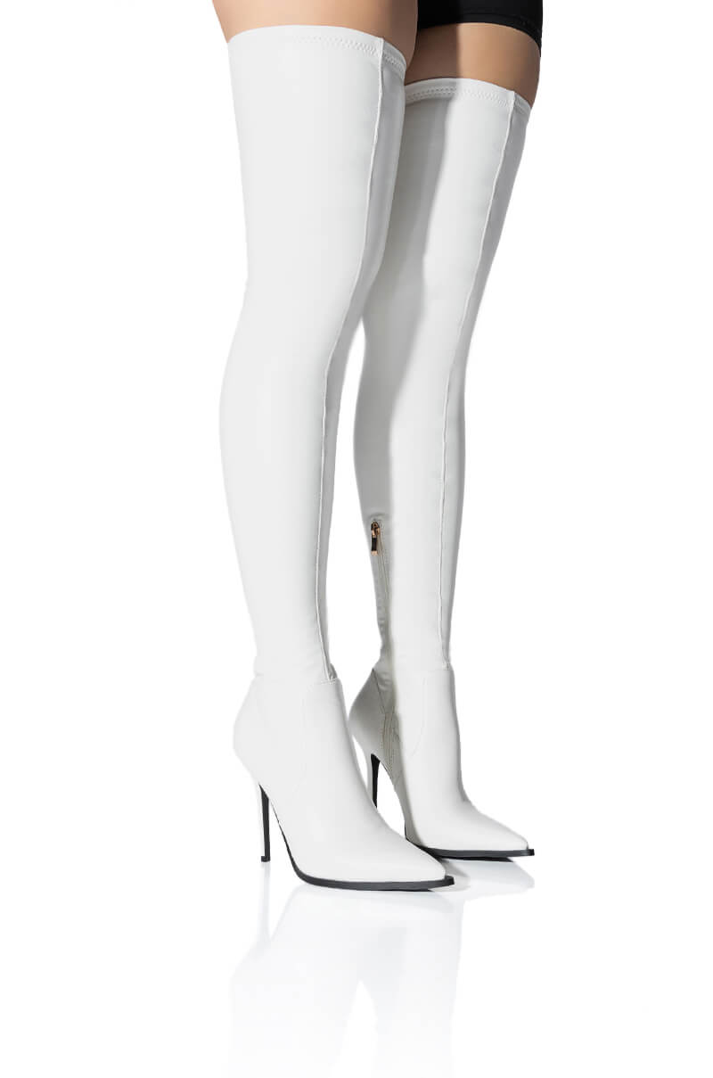 Front View Azalea Wang Miley Thigh High Stiletto Boot With 4 Way Stretch In White
