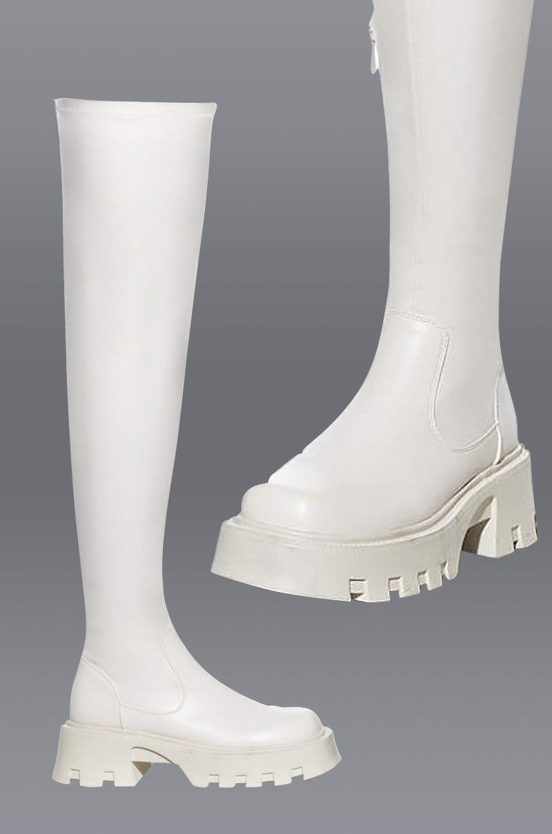 Front View Azalea Wang Milly Thigh High Flatform Boot In Bone Stretch