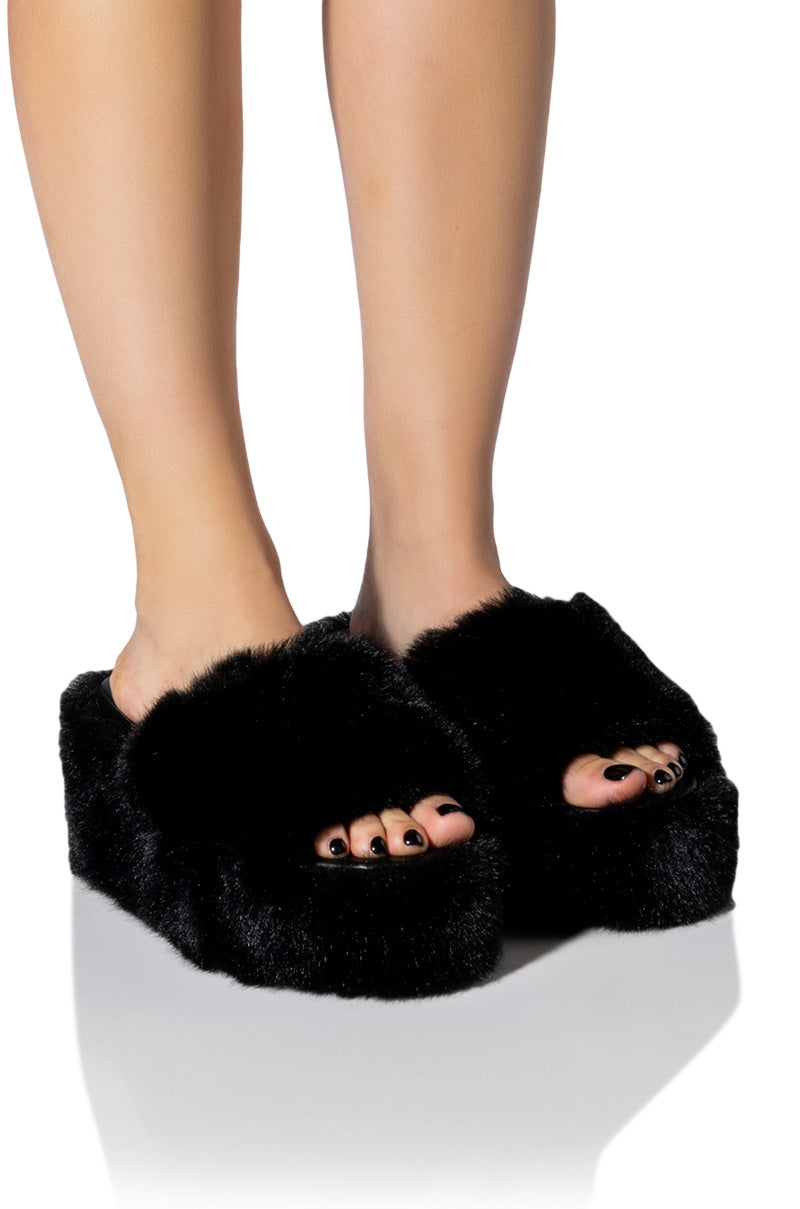 AZALEA WANG MINNA FUR FLATFORM SANDAL IN BLACK view 0
