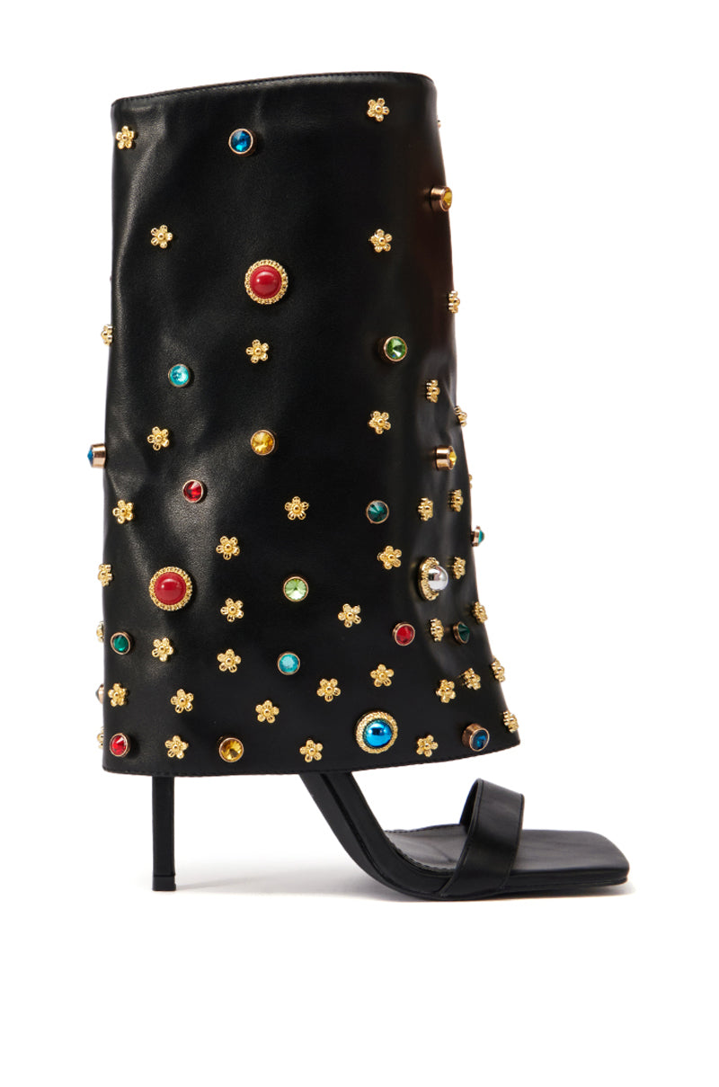 Side View Azalea Wang Mitsue Black Embellished Fold Over Gladiator Sandal