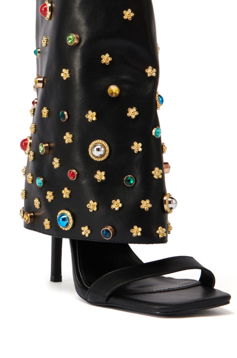 Full View Azalea Wang Mitsue Black Embellished Fold Over Gladiator Sandal