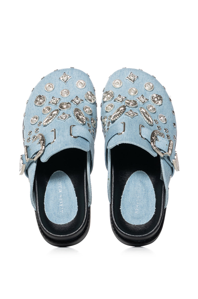 Side View Azalea Wang Mohsin Denim Embellished Clog 1