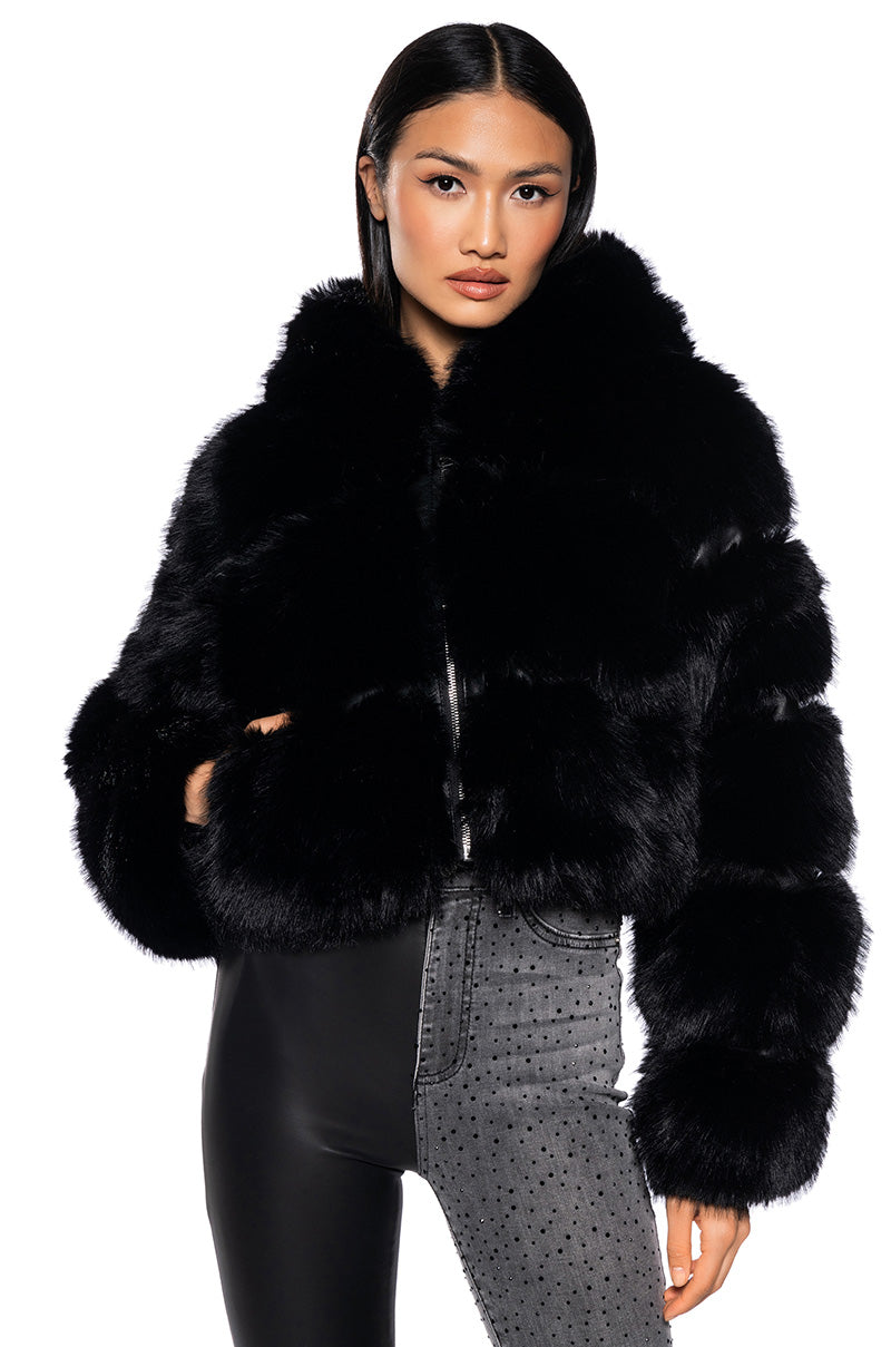 Side View Azalea Wang Muffin Soft And Luxe Crop Faux Fur Jacket In Black