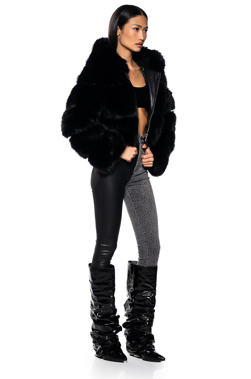Back View Azalea Wang Muffin Soft And Luxe Crop Faux Fur Jacket In Black