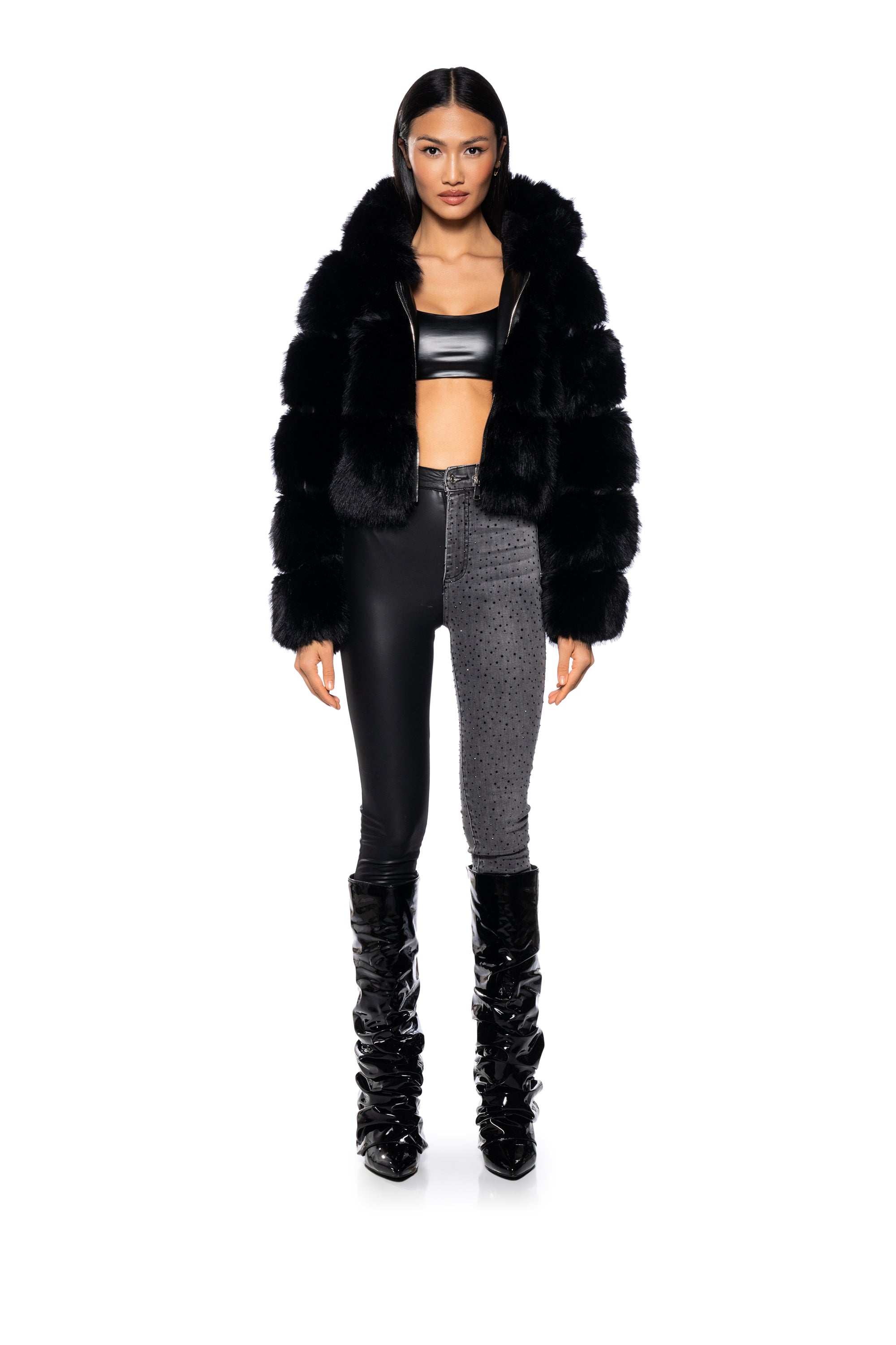 Extra View Azalea Wang Muffin Soft And Luxe Crop Faux Fur Jacket In Black