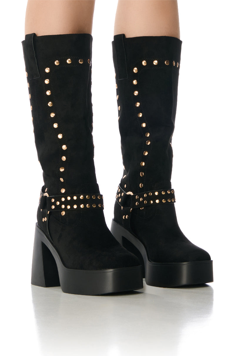 Front View Azalea Wang Muna Black Faux Suede Boot