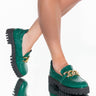 Front View Azalea Wang My Way Flatform Loafer In Green Croc