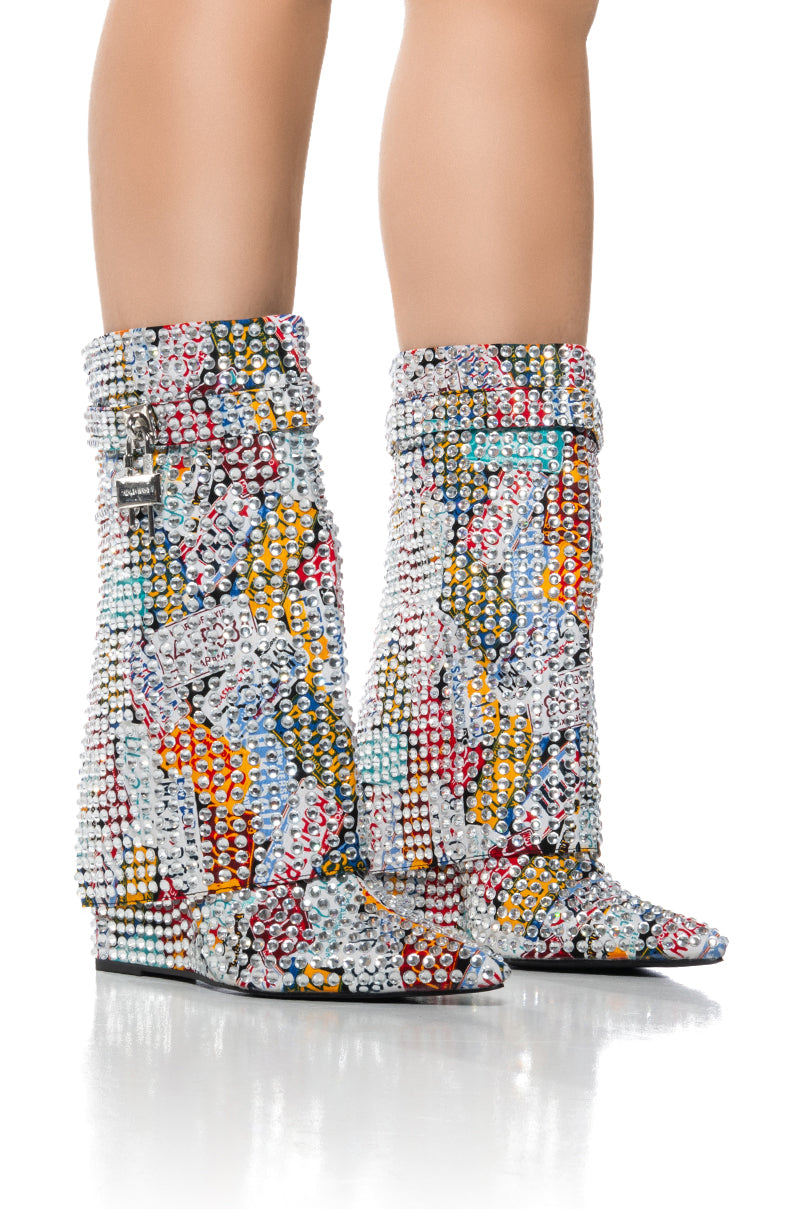 Front View Azalea Wang My Way Rhinestone Fold Over Wedge Boot In Multi