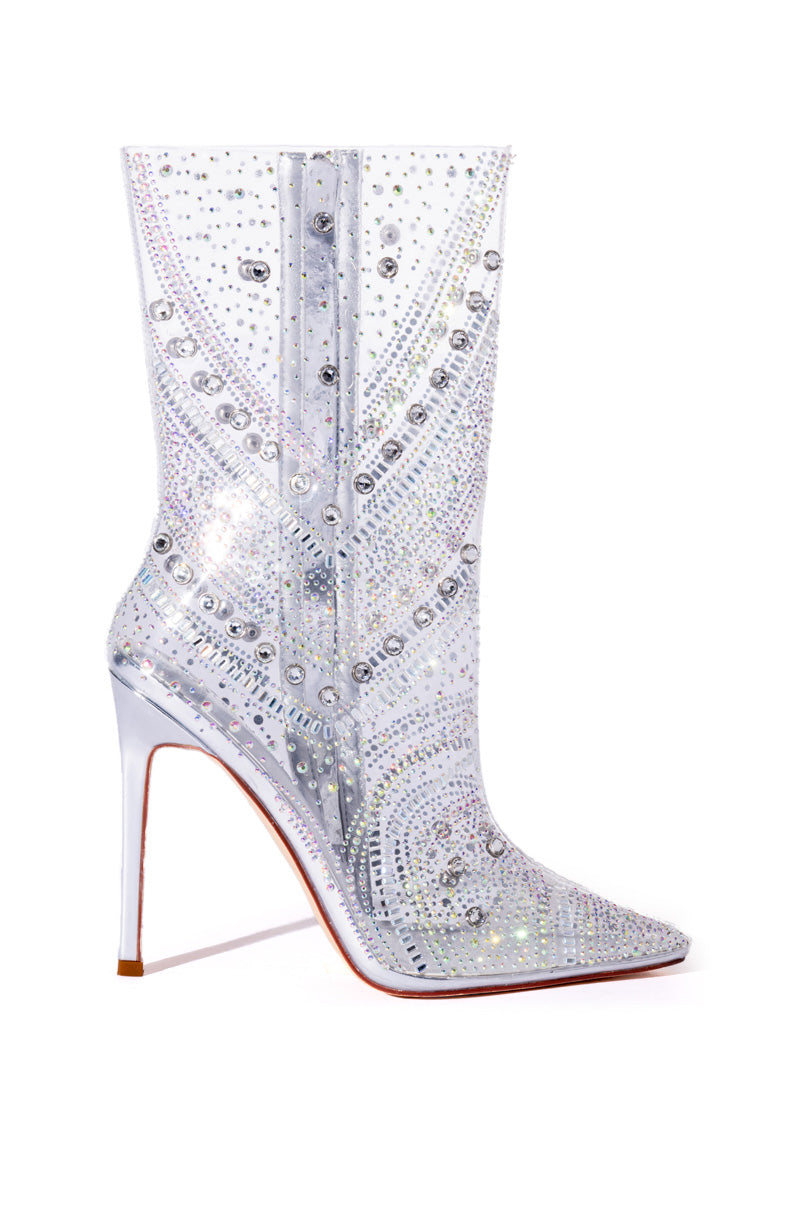 Side View Azalea Wang Nabila Rhinestone Embellished Stiletto Boot In Silver