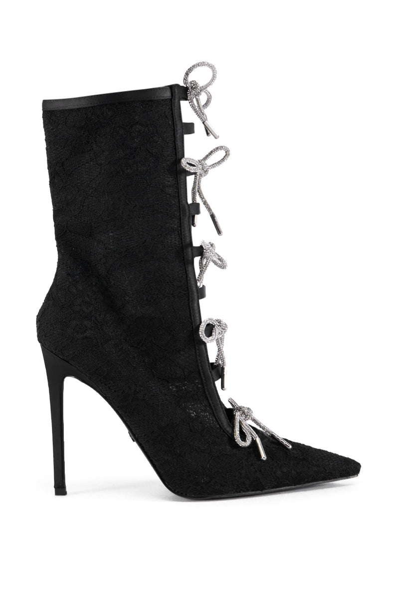 Back View Azalea Wang Nazanin Black Lace Bootie With Rhinestone Bows