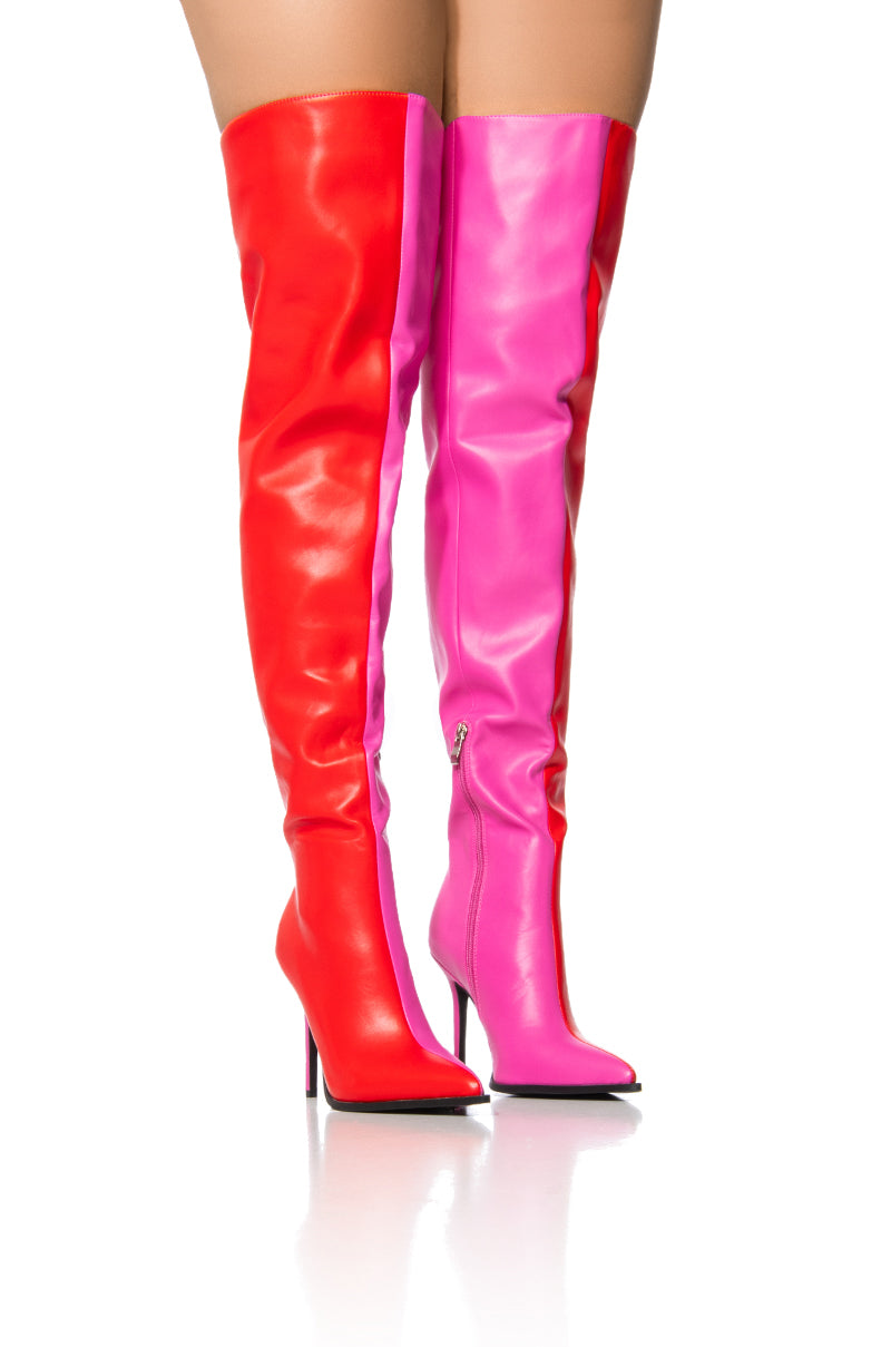 Front View Azalea Wang Neapolitan Colorblock Thigh High Boot In Red
