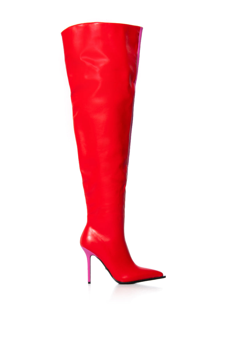 Side View Azalea Wang Neapolitan Colorblock Thigh High Boot In Red