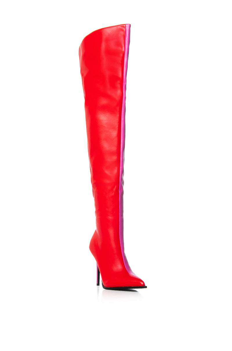 Back View Azalea Wang Neapolitan Colorblock Thigh High Boot In Red