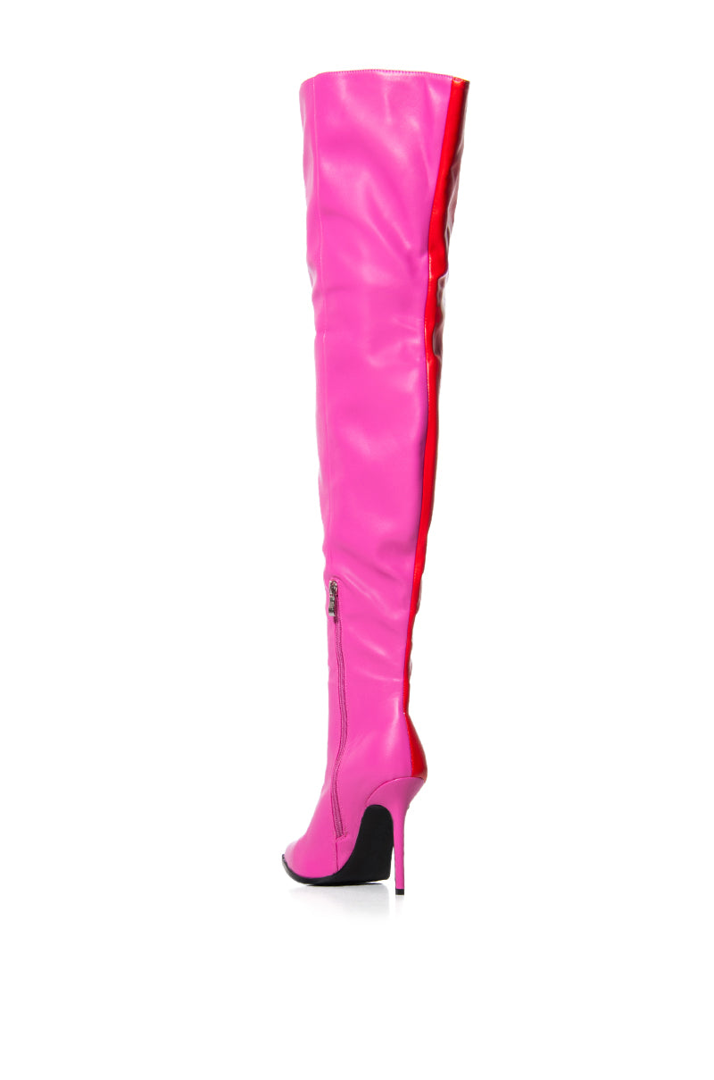 Detail View Azalea Wang Neapolitan Colorblock Thigh High Boot In Red