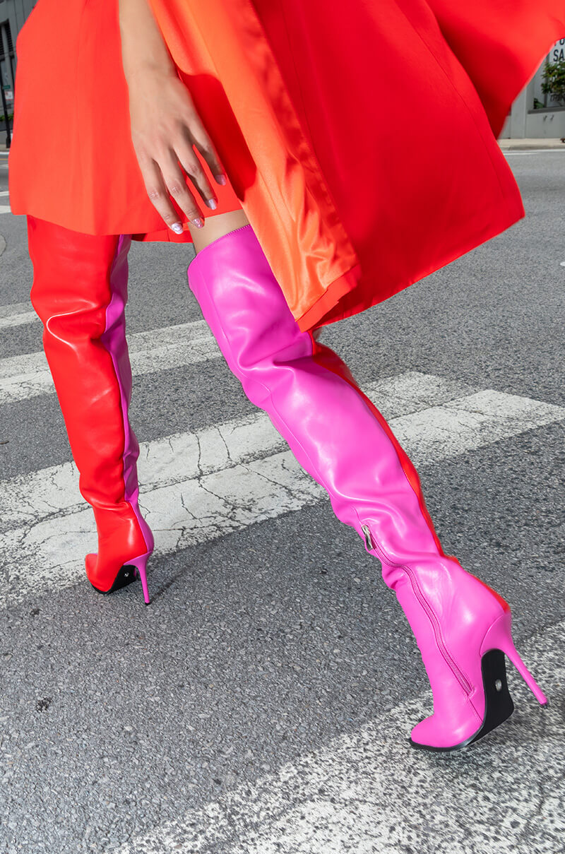 Extra View Azalea Wang Neapolitan Colorblock Thigh High Boot In Red