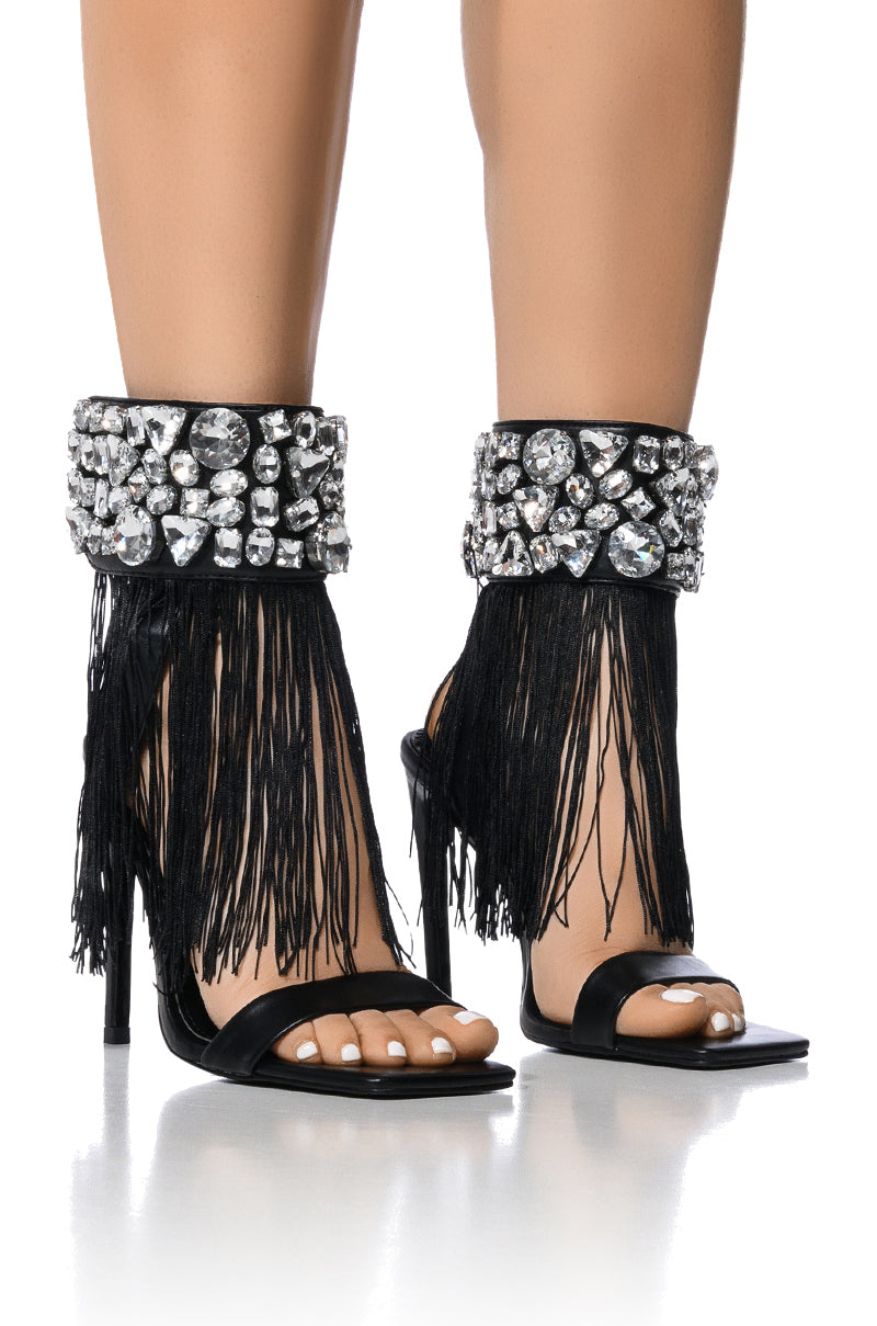 Front View Azalea Wang Neave Embellished Tassel Sandal In Black