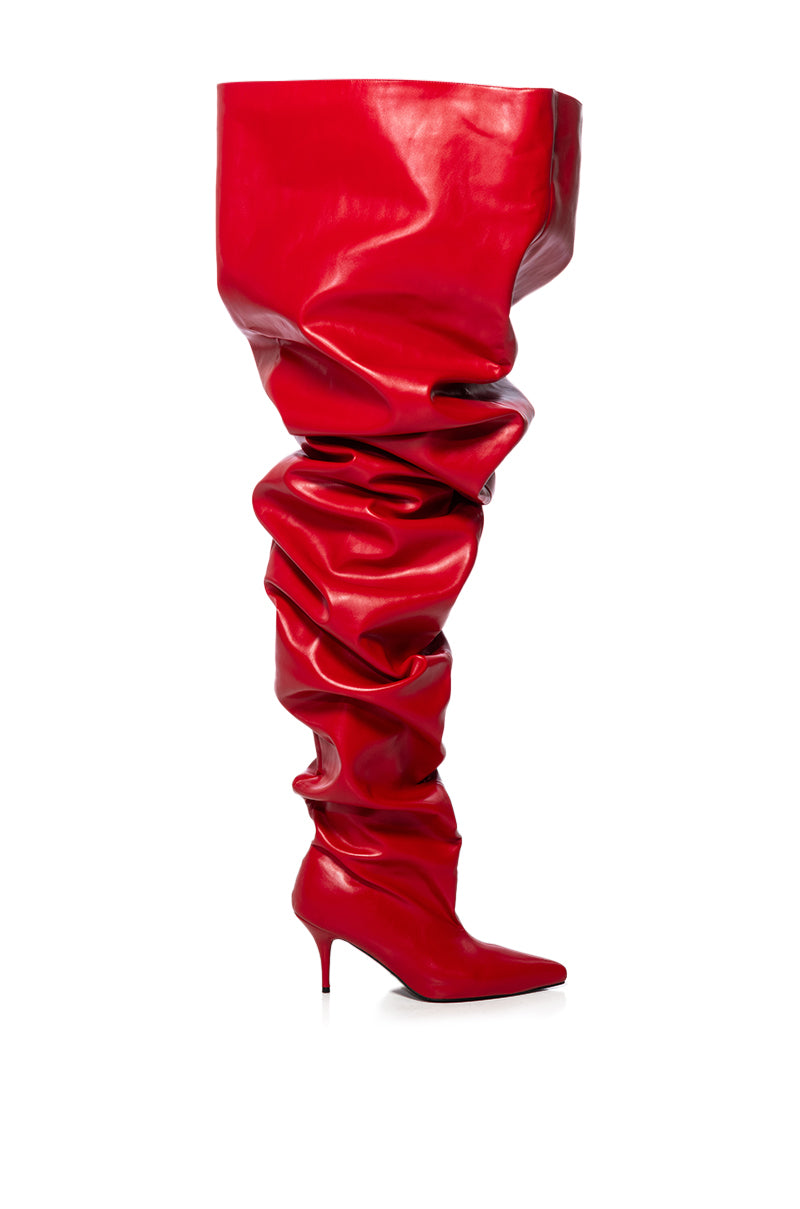 Back View Azalea Wang Nemy Red Kitten Heel Thigh High Boot