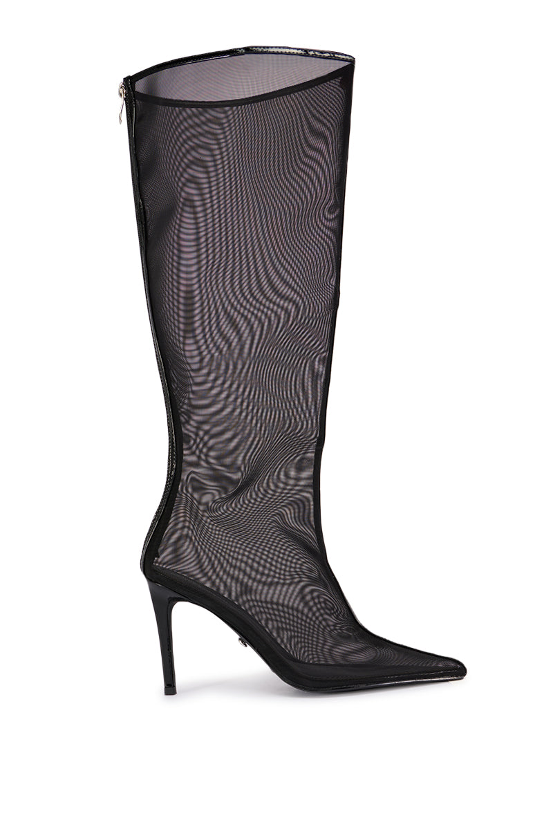 Side View Azalea Wang Nicolai Black Mesh Knee High Boot