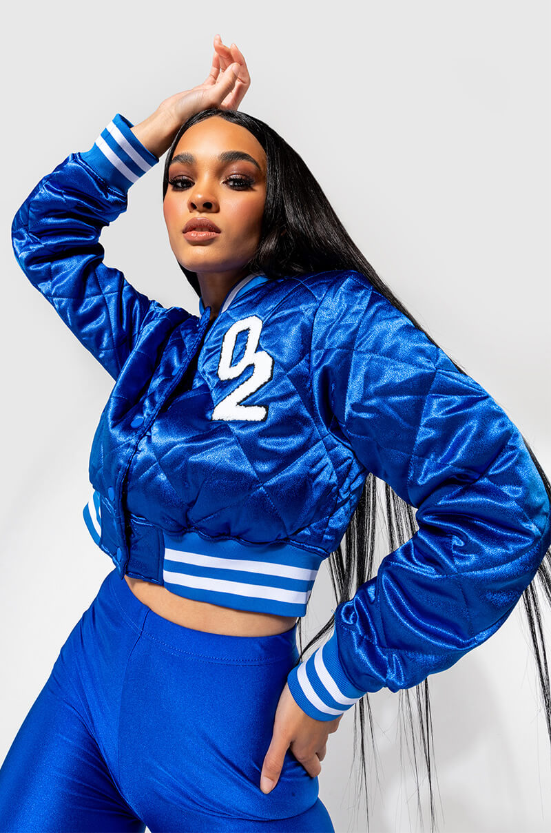 Front View Azalea Wang No Cap Cropped Satin Varsity Bomber