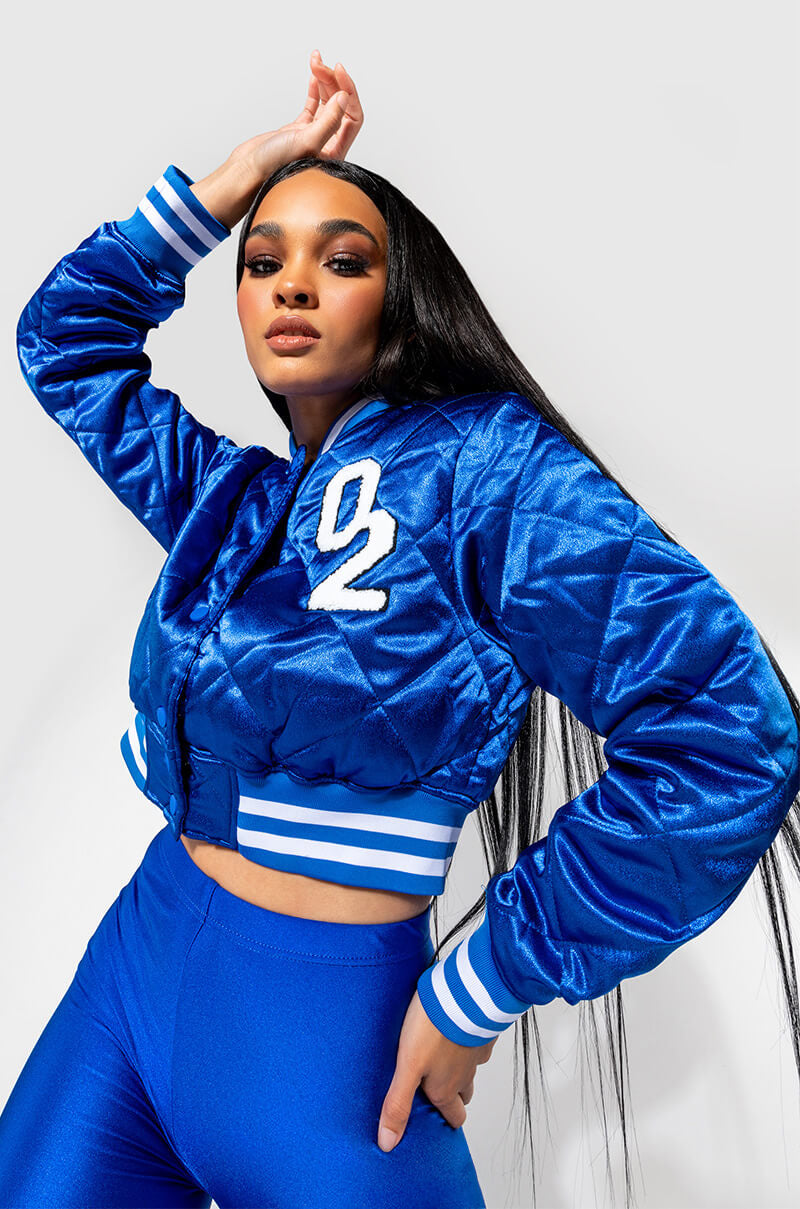 NO CAP CROPPED SATIN VARSITY BOMBER view 0