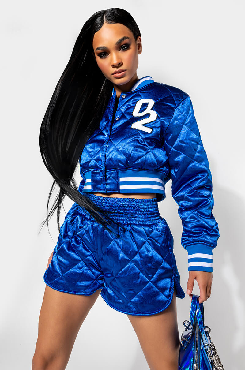 Side View Azalea Wang No Cap Cropped Satin Varsity Bomber