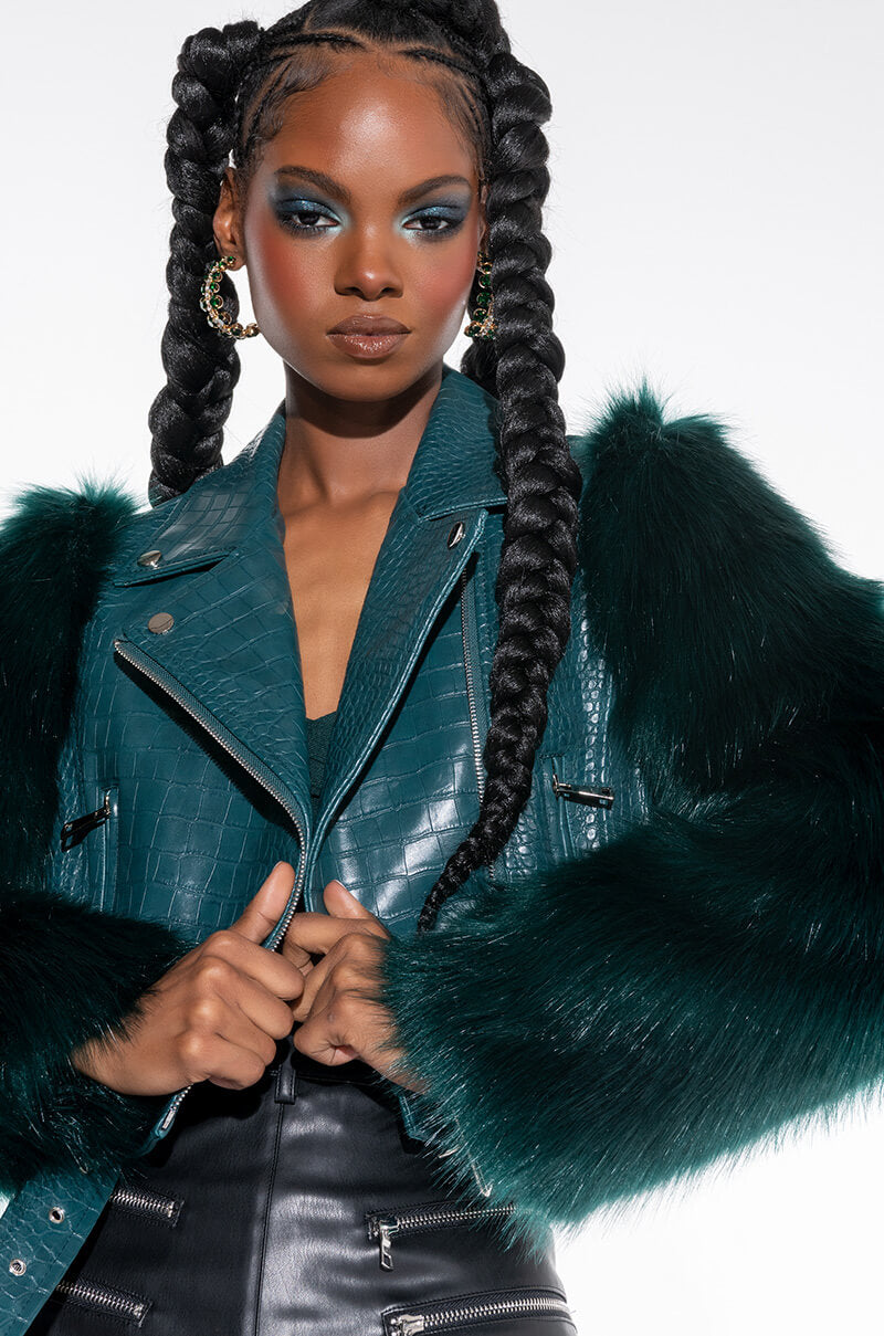 Front View Azalea Wang Nolla Faux Fur Arms Croc Moto Jacket