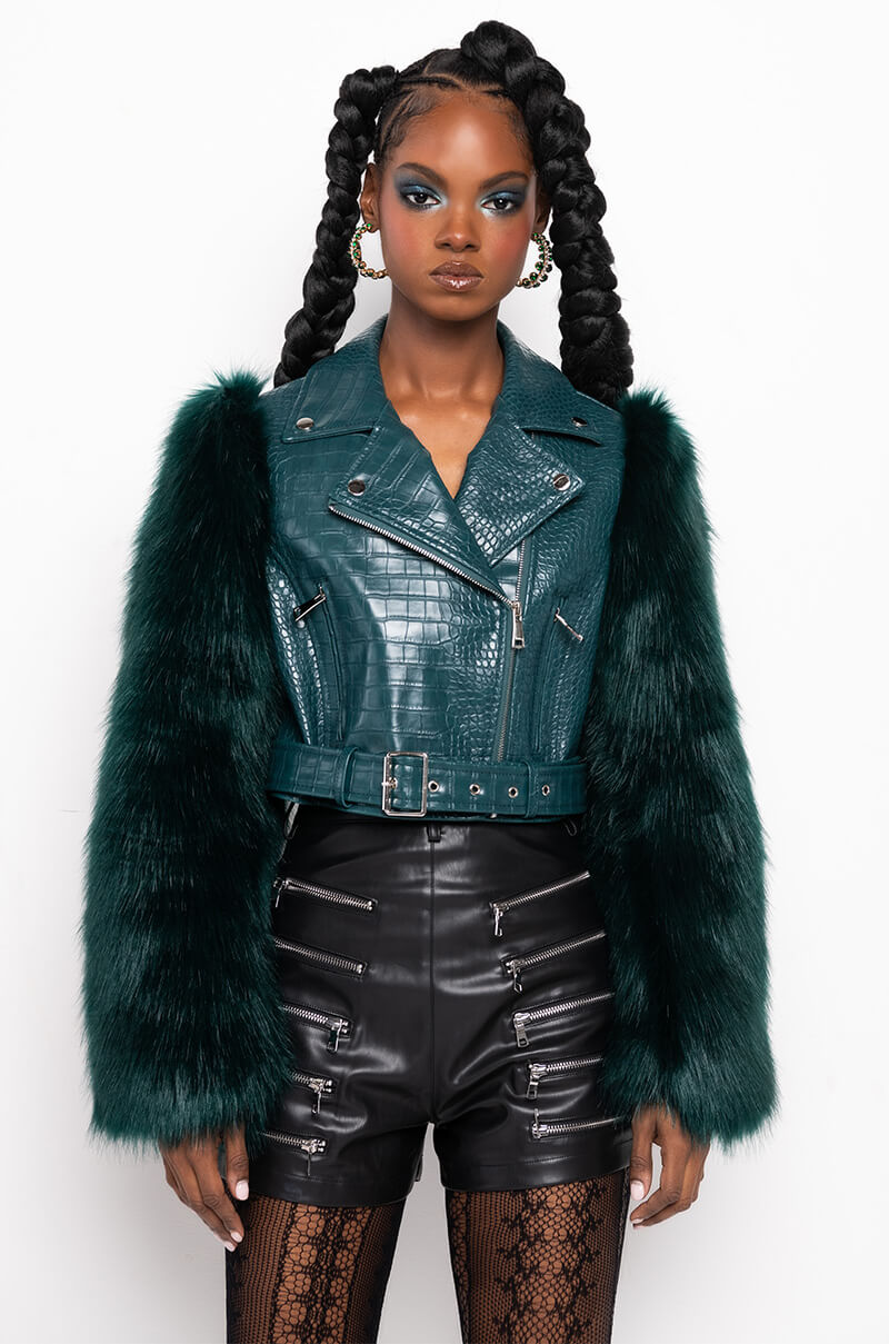 Detail View Azalea Wang Nolla Faux Fur Arms Croc Moto Jacket