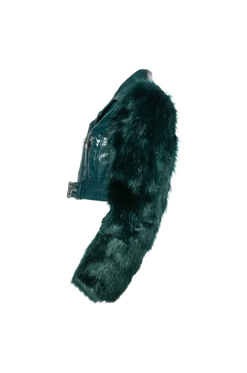 Detail View Azalea Wang Nolla Faux Fur Arms Croc Moto Jacket