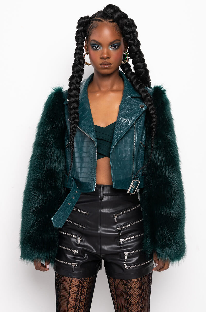 Full View Azalea Wang Nolla Faux Fur Arms Croc Moto Jacket