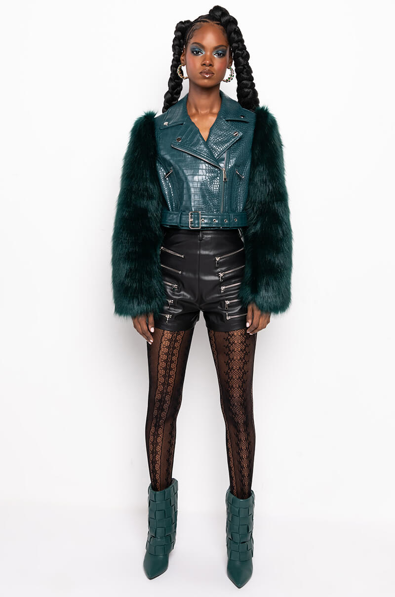 Extra View Azalea Wang Nolla Faux Fur Arms Croc Moto Jacket