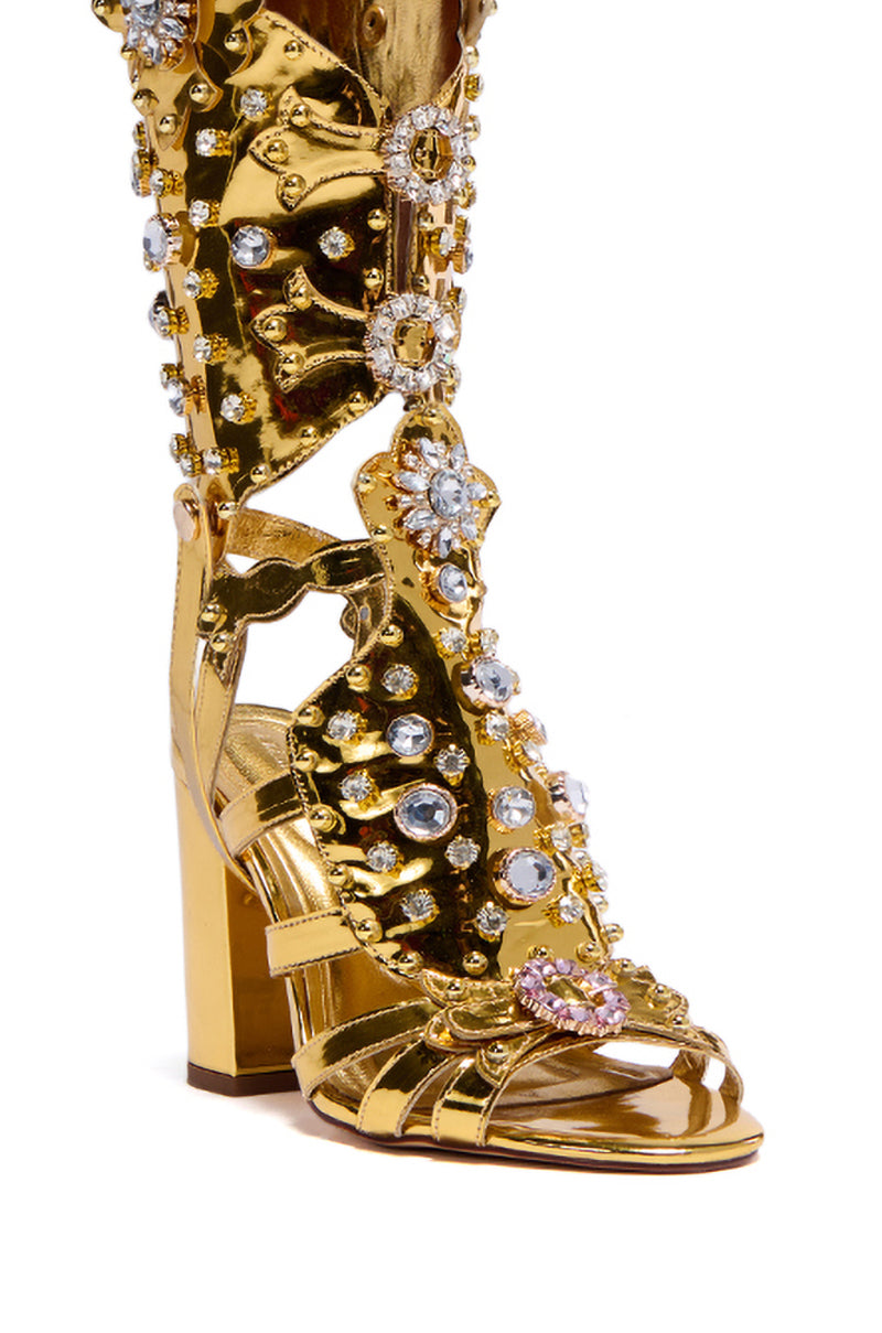 Extra View Azalea Wang Norinne Gold Embellished Gladiator Heeled Sandal