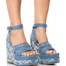 Front View Azalea Wang Nutmeg Embellished Western Wedge Sandal In Denim