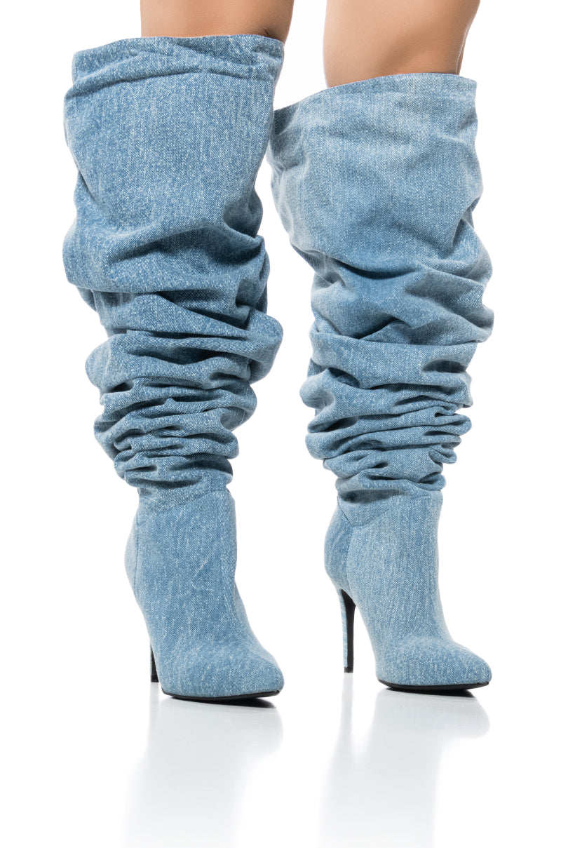 Side View Azalea Wang Octagon Denim Over The Knee Slouch Boot